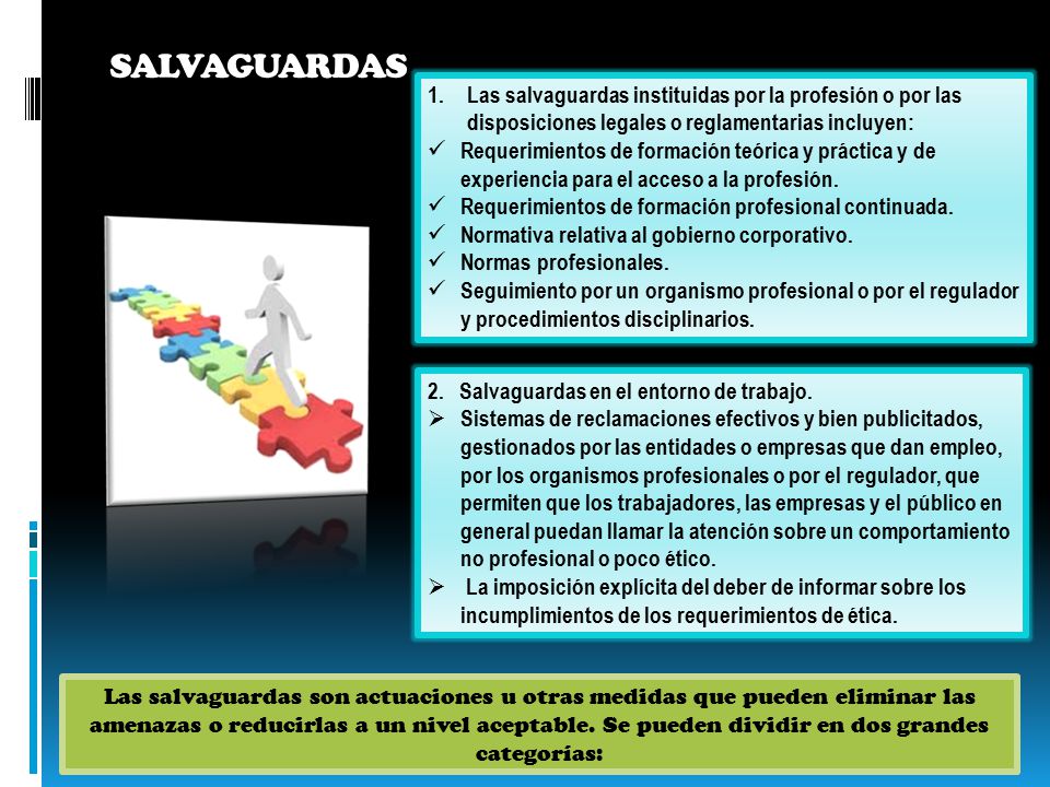 SALVAGUARDAS Las salvaguardas instituidas por la profesión o por las disposiciones legales o reglamentarias incluyen: