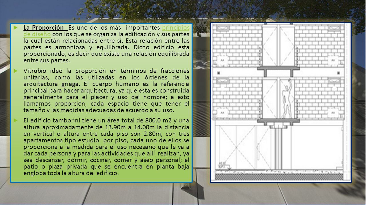 La Proporción Es uno de los más importantes principios de diseño con los que se organiza la edificación y sus partes la cual están relacionadas entre sí. Esta relación entre las partes es armoniosa y equilibrada. Dicho edificio esta proporcionado, es decir que existe una relación equilibrada entre sus partes.