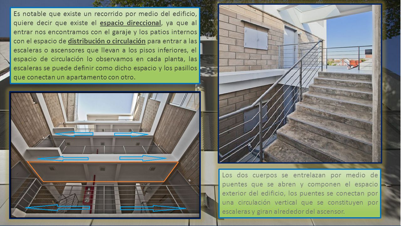 Es notable que existe un recorrido por medio del edificio, quiere decir que existe el espacio direccional, ya que al entrar nos encontramos con el garaje y los patios internos con el espacio de distribución o circulación para entrar a las escaleras o ascensores que llevan a los pisos inferiores, el espacio de circulación lo observamos en cada planta, las escaleras se puede definir como dicho espacio y los pasillos que conectan un apartamento con otro.
