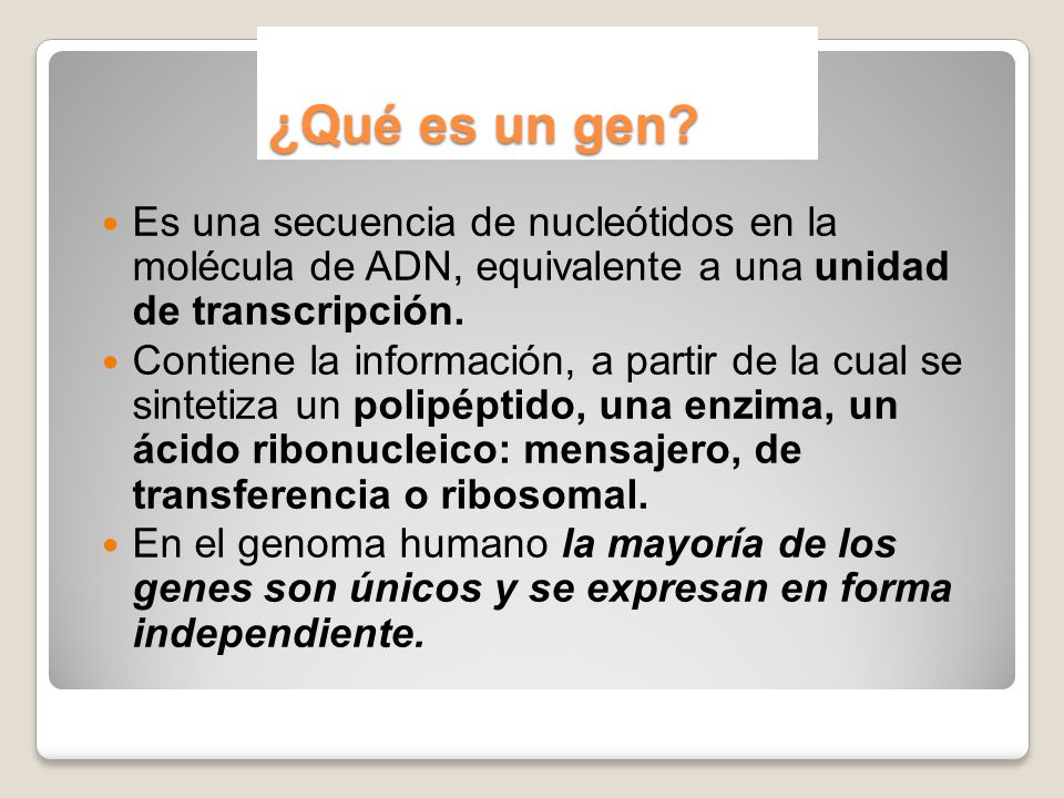 ¿Qué es un gen Es una secuencia de nucleótidos en la molécula de ADN, equivalente a una unidad de transcripción.