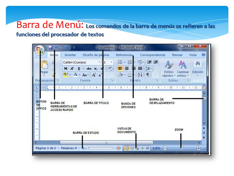 Barra de Menú: Los comandos de la barra de menús se refieren a las funciones del procesador de textos