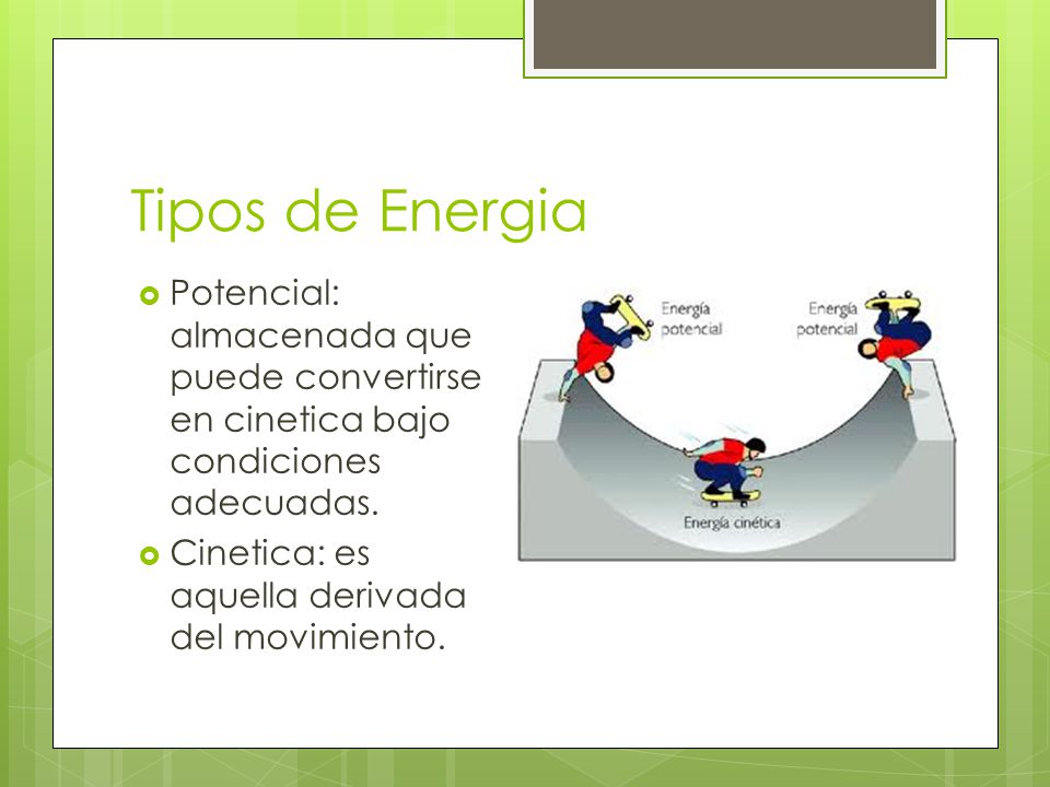 Tipos de Energia Potencial: almacenada que puede convertirse en cinetica bajo condiciones adecuadas.