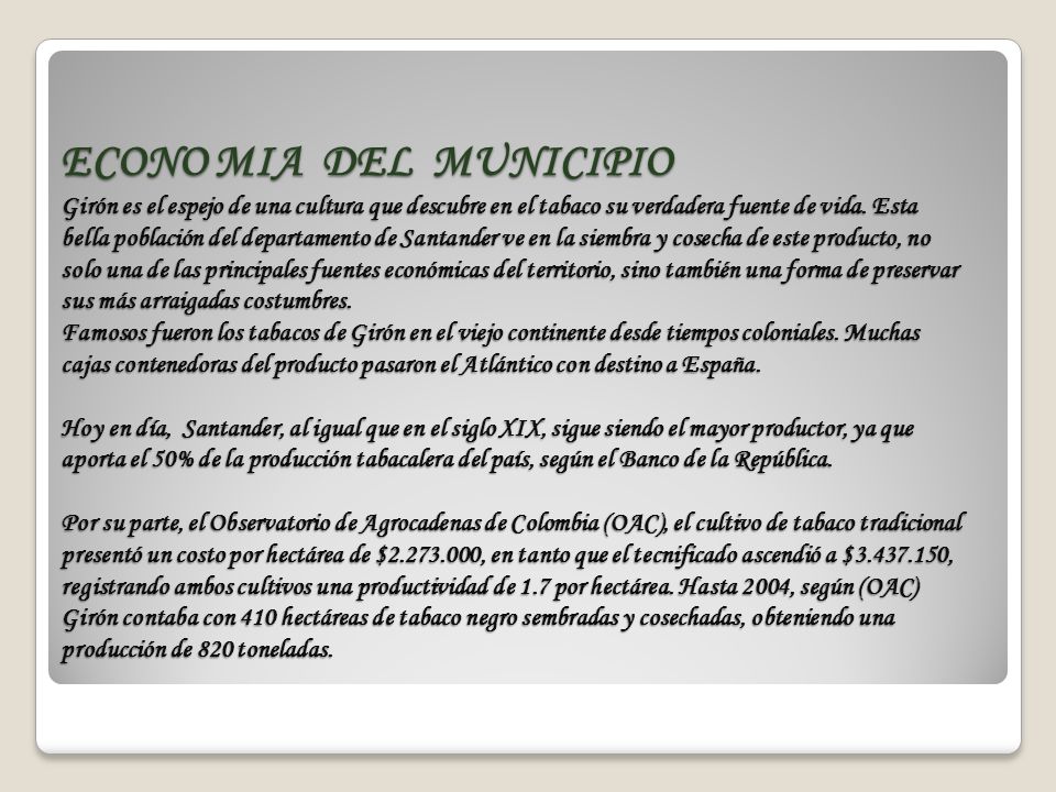 ECONO MIA DEL MUNICIPIO Girón es el espejo de una cultura que descubre en el tabaco su verdadera fuente de vida.