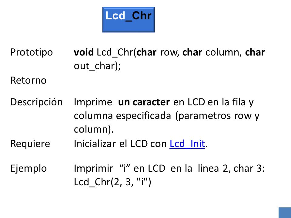 Lcd_Chr Prototipo. void Lcd_Chr(char row, char column, char out_char); Retorno. Descripción.