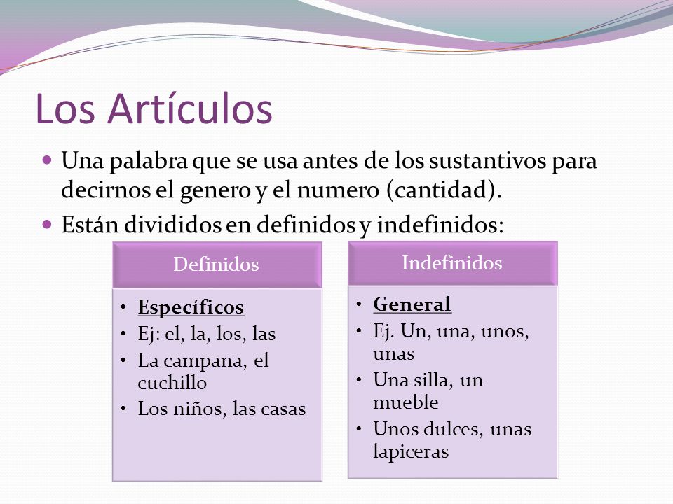 Los Artículos Una palabra que se usa antes de los sustantivos para decirnos el genero y el numero (cantidad).