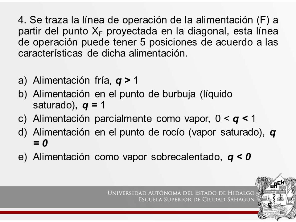 4. Se traza la línea de operación de la alimentación (F) a partir del punto XF proyectada en la diagonal, esta línea de operación puede tener 5 posiciones de acuerdo a las características de dicha alimentación.