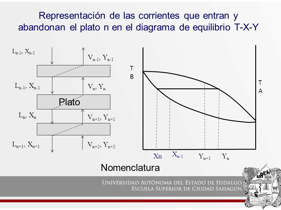 Representación de las corrientes que entran y abandonan el plato n en el diagrama de equilibrio T-X-Y