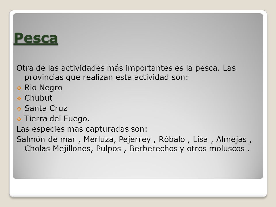 Pesca Otra de las actividades más importantes es la pesca. Las provincias que realizan esta actividad son: