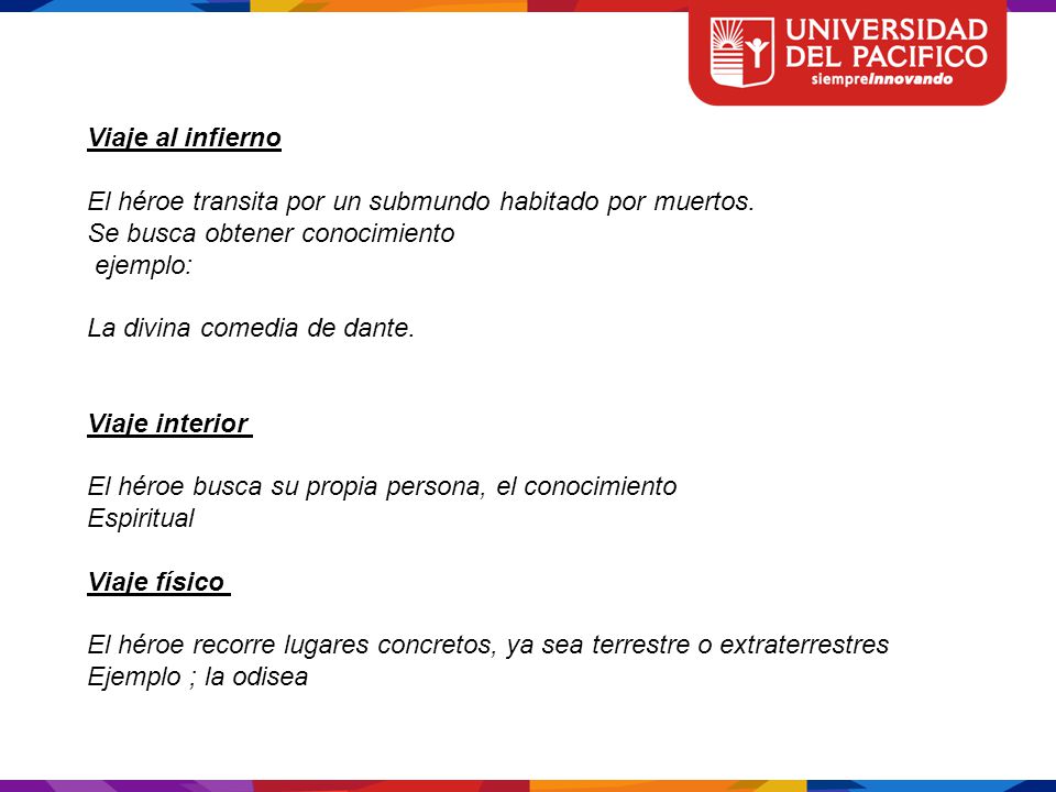Viaje al infierno El héroe transita por un submundo habitado por muertos. Se busca obtener conocimiento.