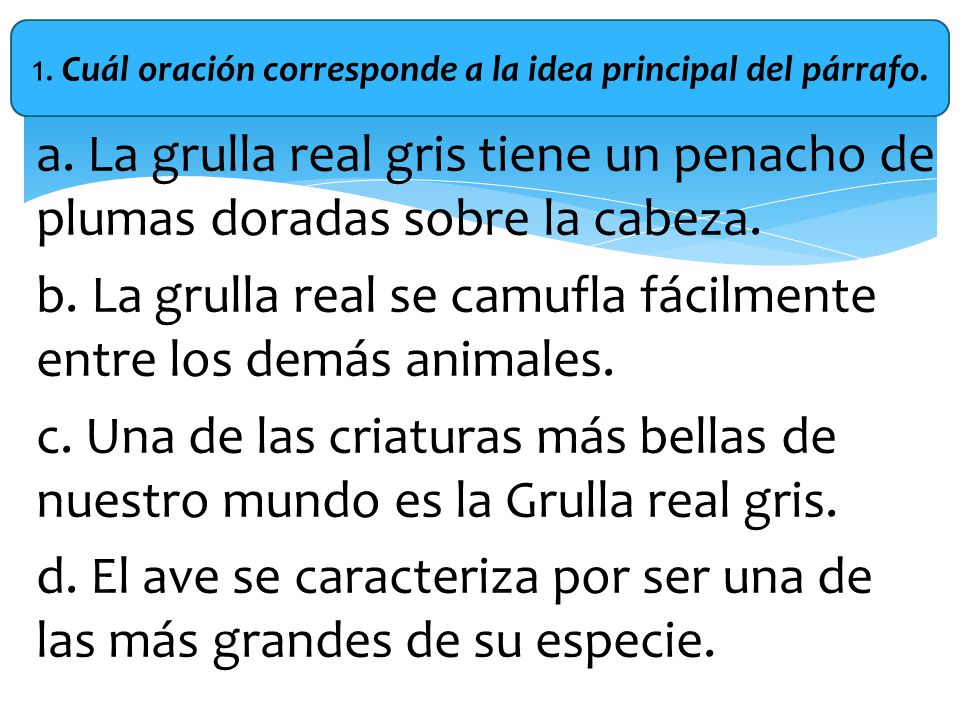 1. Cuál oración corresponde a la idea principal del párrafo.