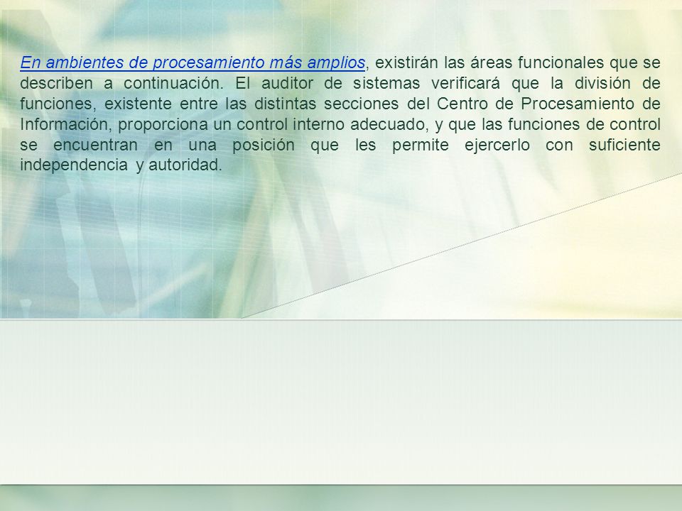 En ambientes de procesamiento más amplios, existirán las áreas funcionales que se describen a continuación.