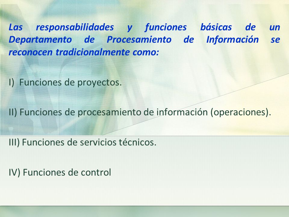 Las responsabilidades y funciones básicas de un Departamento de Procesamiento de Información se reconocen tradicionalmente como:
