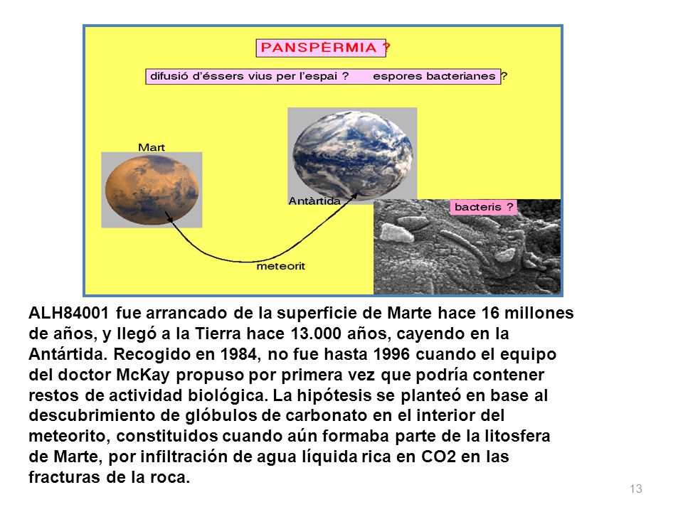 ALH84001 fue arrancado de la superficie de Marte hace 16 millones de años, y llegó a la Tierra hace años, cayendo en la Antártida.