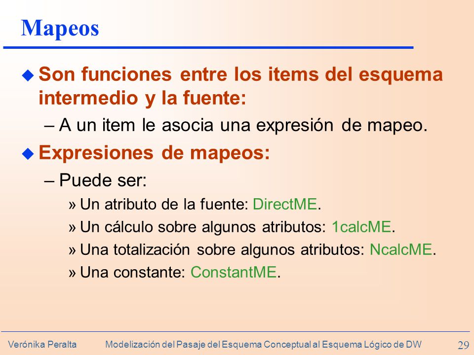 Mapeos Son funciones entre los items del esquema intermedio y la fuente: A un item le asocia una expresión de mapeo.
