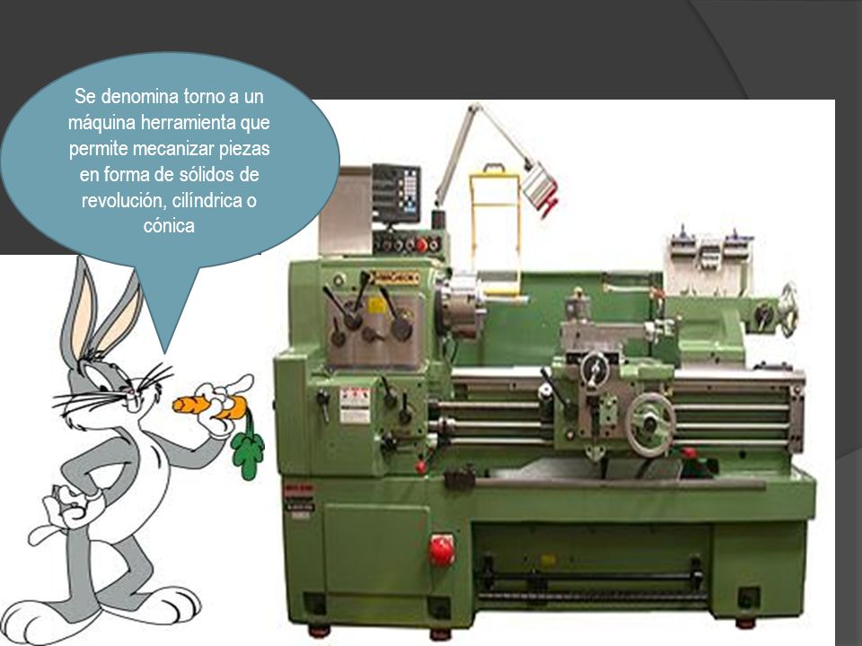 Se denomina torno a un máquina herramienta que permite mecanizar piezas en forma de sólidos de revolución, cilíndrica o cónica