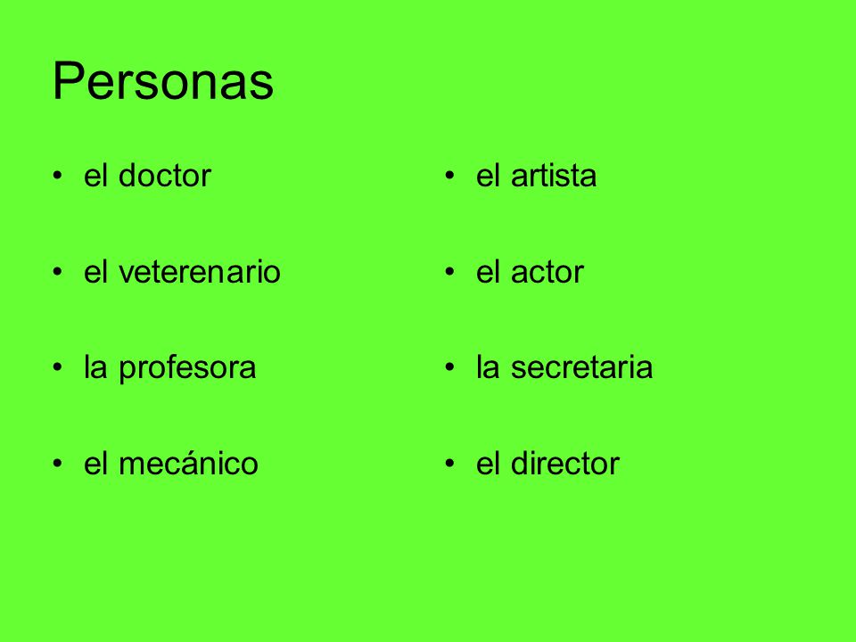Personas el doctor el veterenario la profesora el mecánico el artista