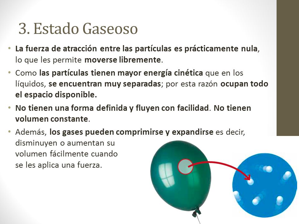 3. Estado Gaseoso La fuerza de atracción entre las partículas es prácticamente nula, lo que les permite moverse libremente.