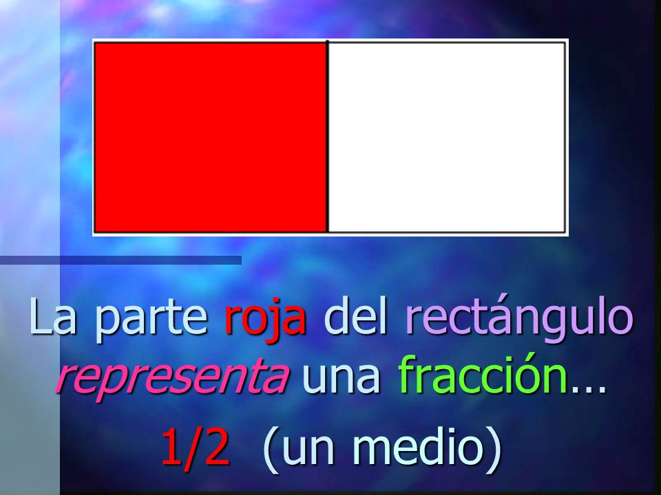 La parte roja del rectángulo representa una fracción… 1/2 (un medio)