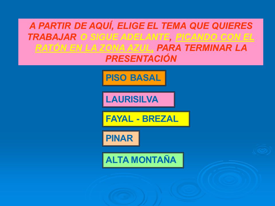 A PARTIR DE AQUÍ, ELIGE EL TEMA QUE QUIERES TRABAJAR O SIGUE ADELANTE, PICANDO CON EL RATÓN EN LA ZONA AZUL, PARA TERMINAR LA PRESENTACIÓN