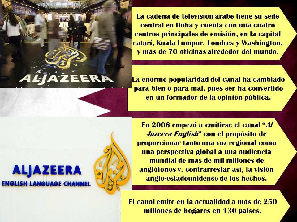La cadena de televisión árabe tiene su sede central en Doha y cuenta con una cuatro centros principales de emisión, en la capital catarí, Kuala Lumpur, Londres y Washington, y más de 70 oficinas alrededor del mundo.