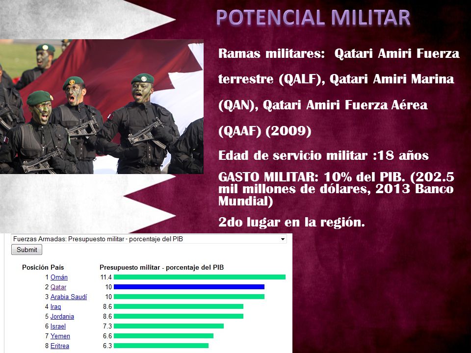 POTENCIAL MILITAR Ramas militares: Qatari Amiri Fuerza terrestre (QALF), Qatari Amiri Marina (QAN), Qatari Amiri Fuerza Aérea (QAAF) (2009)