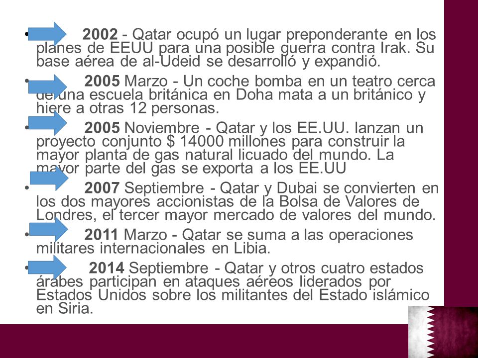 Qatar ocupó un lugar preponderante en los planes de EEUU para una posible guerra contra Irak. Su base aérea de al-Udeid se desarrolló y expandió.