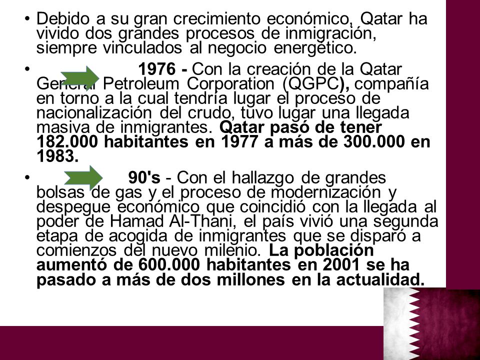 Debido a su gran crecimiento económico, Qatar ha vivido dos grandes procesos de inmigración, siempre vinculados al negocio energético.