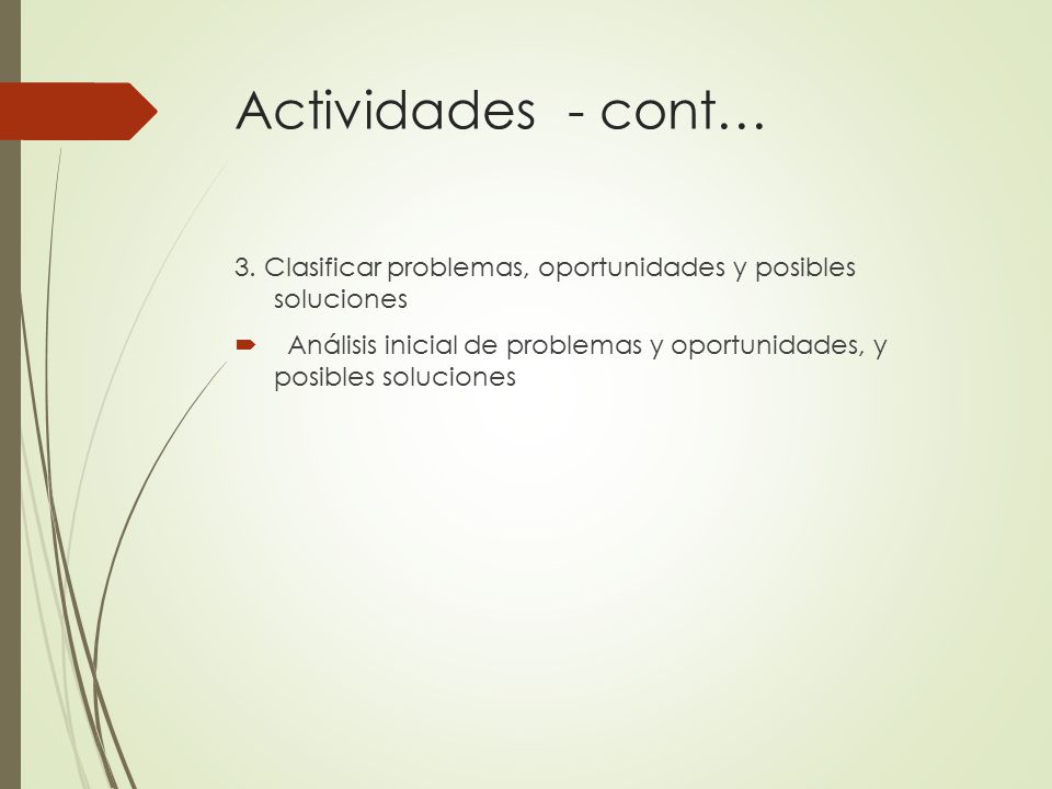Actividades - cont… 3. Clasificar problemas, oportunidades y posibles soluciones.