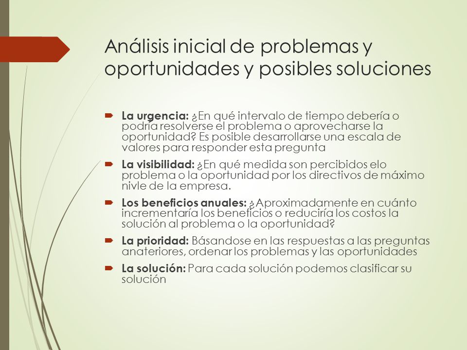 Análisis inicial de problemas y oportunidades y posibles soluciones