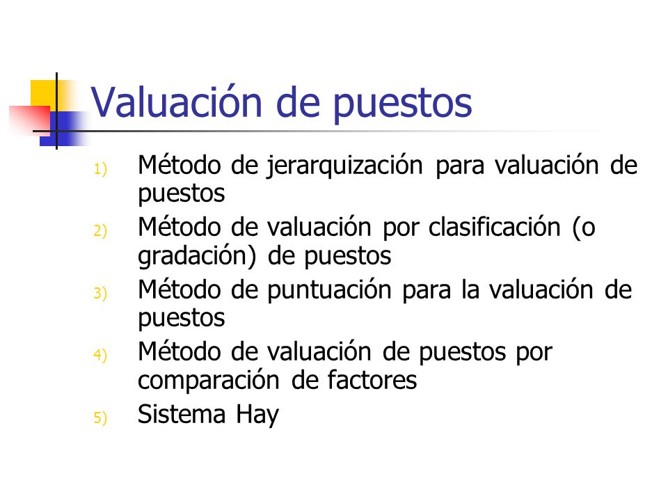 Valuación de puestos Método de jerarquización para valuación de puestos. Método de valuación por clasificación (o gradación) de puestos.