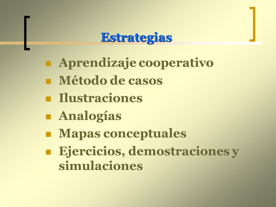Estrategias Aprendizaje cooperativo. Método de casos. Ilustraciones. Analogías. Mapas conceptuales.