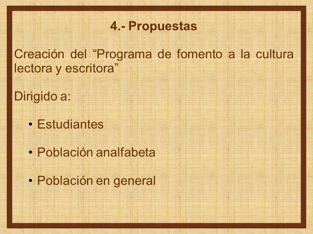 4.- Propuestas Creación del Programa de fomento a la cultura lectora y escritora Dirigido a: Estudiantes.