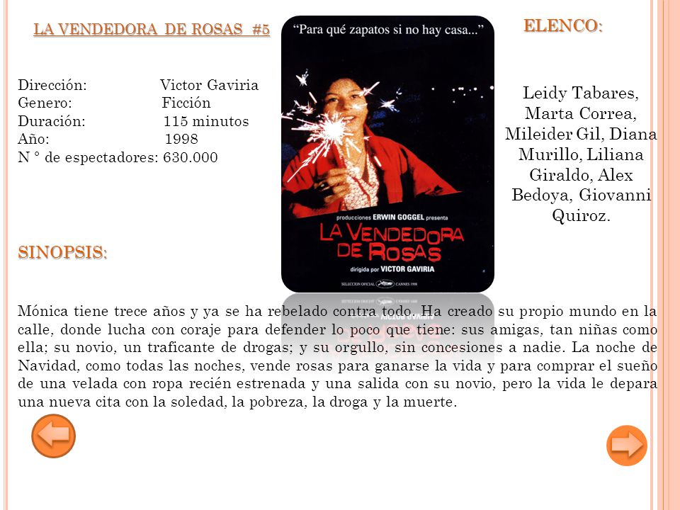 ELENCO: LA VENDEDORA DE ROSAS #5. Dirección: Victor Gaviria. Genero: Ficción.