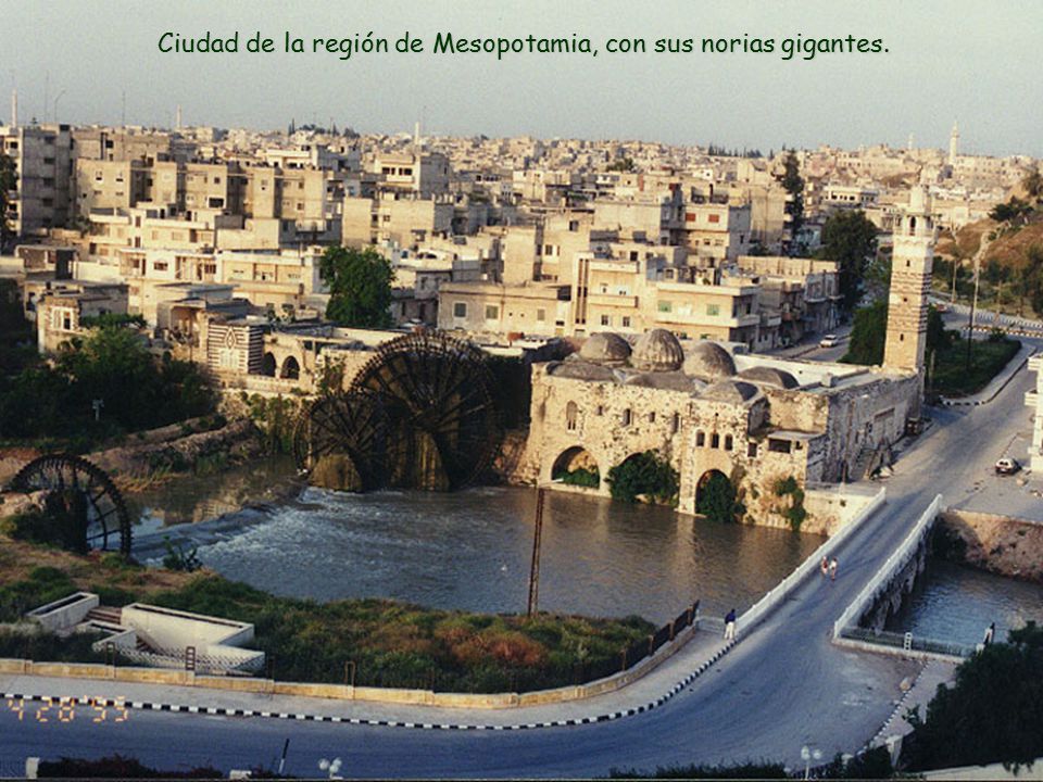 Ciudad de la región de Mesopotamia, con sus norias gigantes.