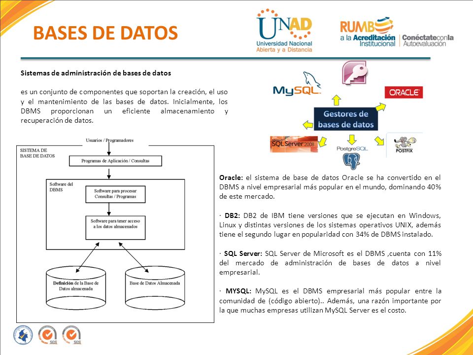 BASES DE DATOS Sistemas de administración de bases de datos