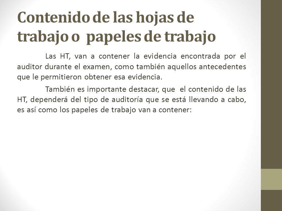 Contenido de las hojas de trabajo o papeles de trabajo