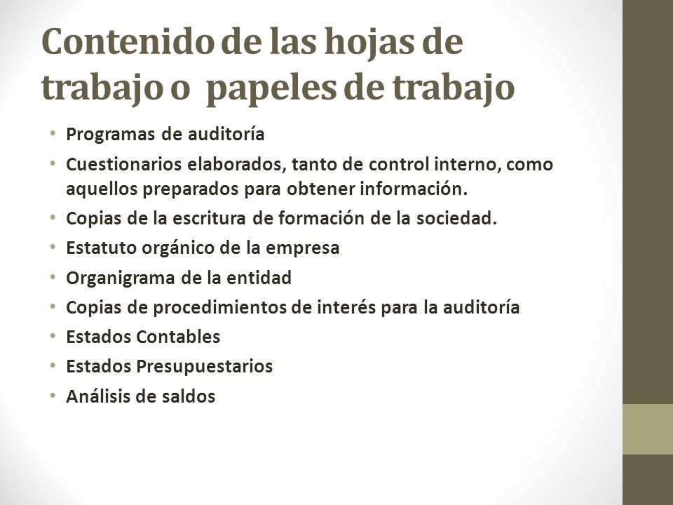 Contenido de las hojas de trabajo o papeles de trabajo