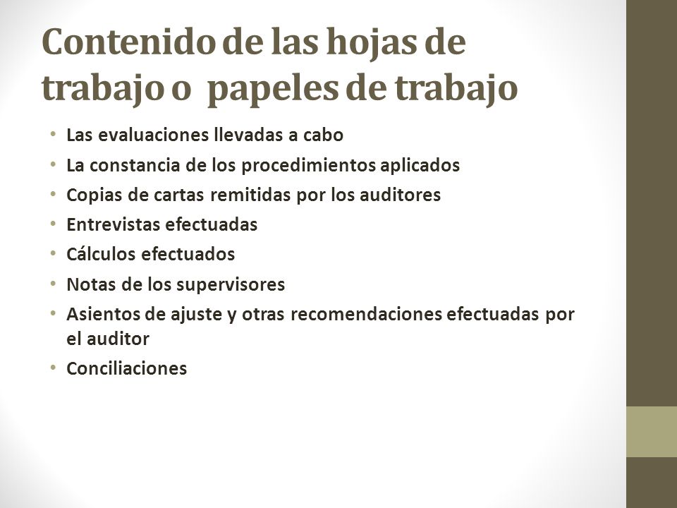 Contenido de las hojas de trabajo o papeles de trabajo