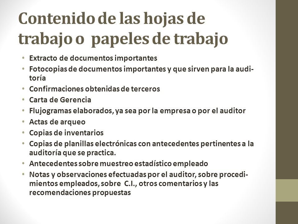 Contenido de las hojas de trabajo o papeles de trabajo