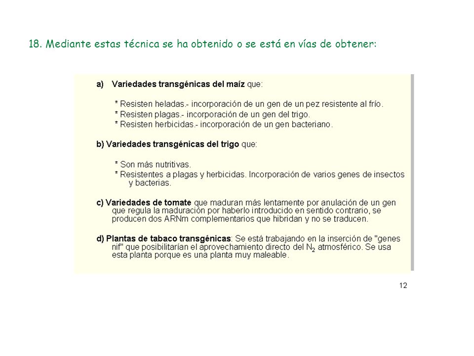 18. Mediante estas técnica se ha obtenido o se está en vías de obtener:
