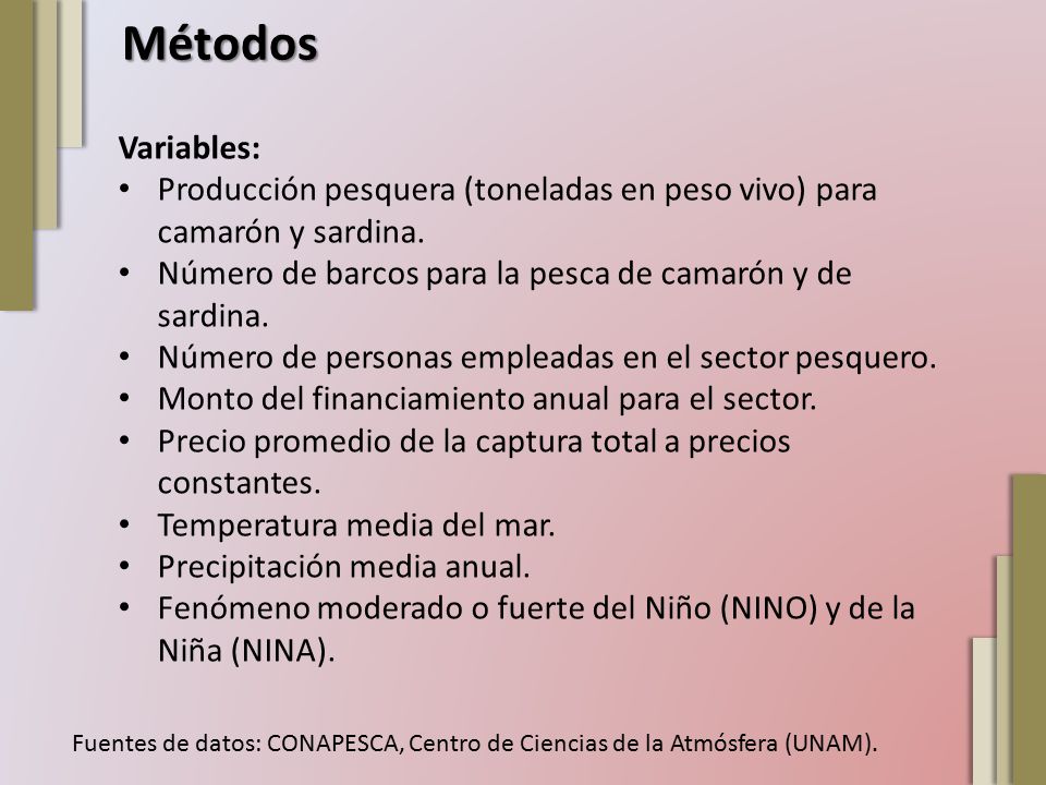 Métodos Variables: Producción pesquera (toneladas en peso vivo) para camarón y sardina. Número de barcos para la pesca de camarón y de sardina.