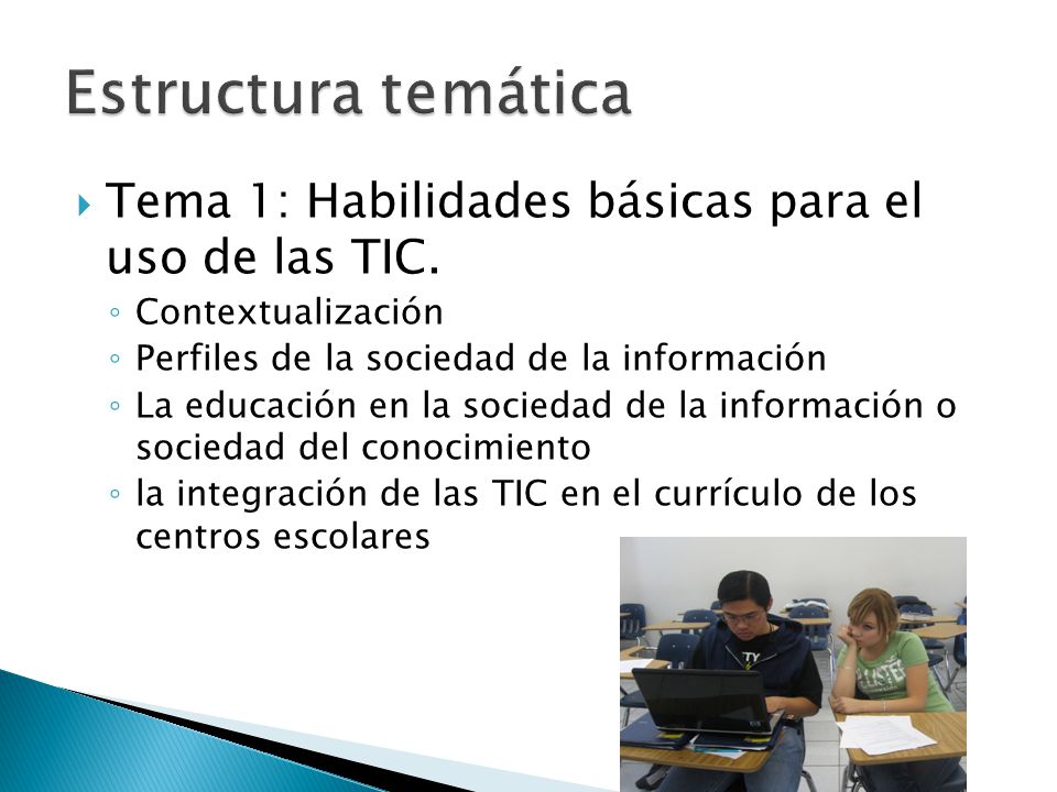 Estructura temática Tema 1: Habilidades básicas para el uso de las TIC. Contextualización. Perfiles de la sociedad de la información.