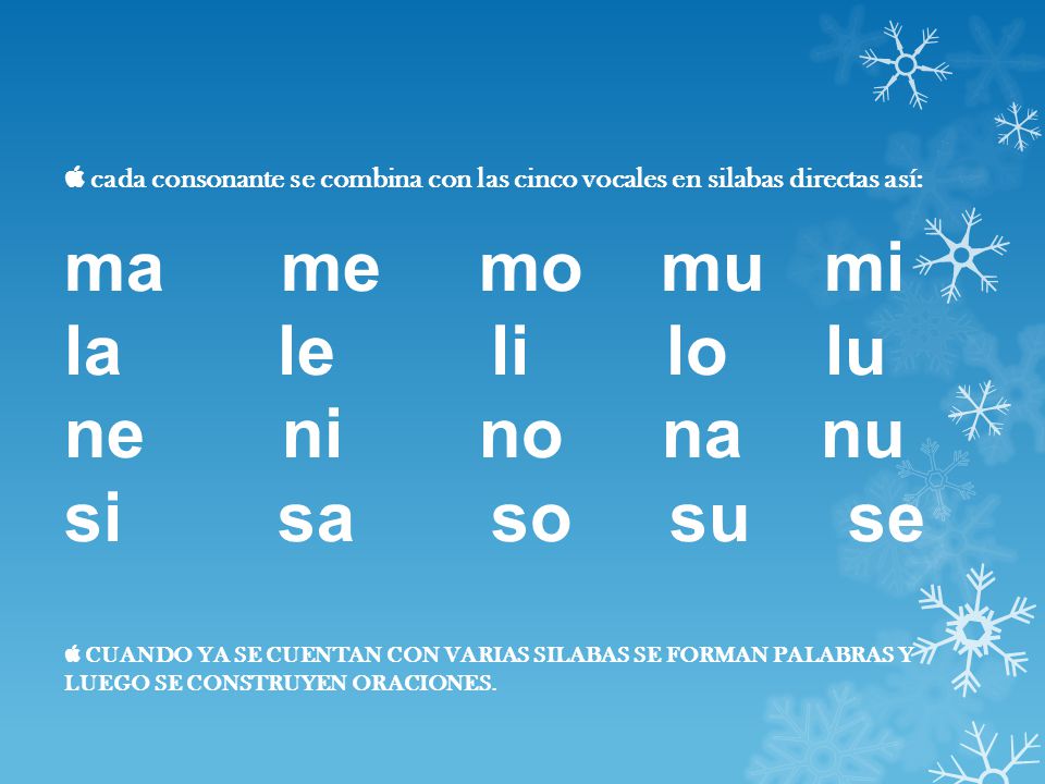  cada consonante se combina con las cinco vocales en silabas directas así: ma me mo mu mi la le li lo lu ne ni no na nu si sa so su se  CUANDO YA SE CUENTAN CON VARIAS SILABAS SE FORMAN PALABRAS Y LUEGO SE CONSTRUYEN ORACIONES.