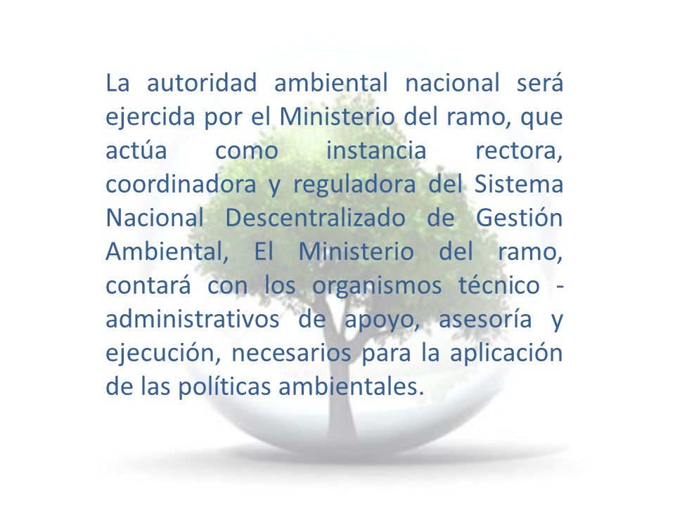 La autoridad ambiental nacional será ejercida por el Ministerio del ramo, que actúa como instancia rectora, coordinadora y reguladora del Sistema Nacional Descentralizado de Gestión Ambiental, El Ministerio del ramo, contará con los organismos técnico - administrativos de apoyo, asesoría y ejecución, necesarios para la aplicación de las políticas ambientales.