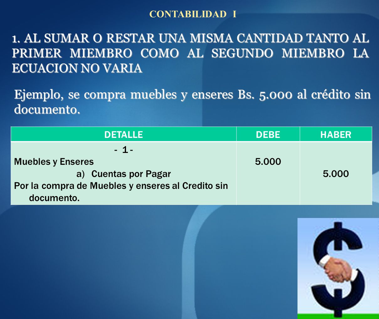 CONTABILIDAD I 1. AL SUMAR O RESTAR UNA MISMA CANTIDAD TANTO AL PRIMER MIEMBRO COMO AL SEGUNDO MIEMBRO LA ECUACION NO VARIA.