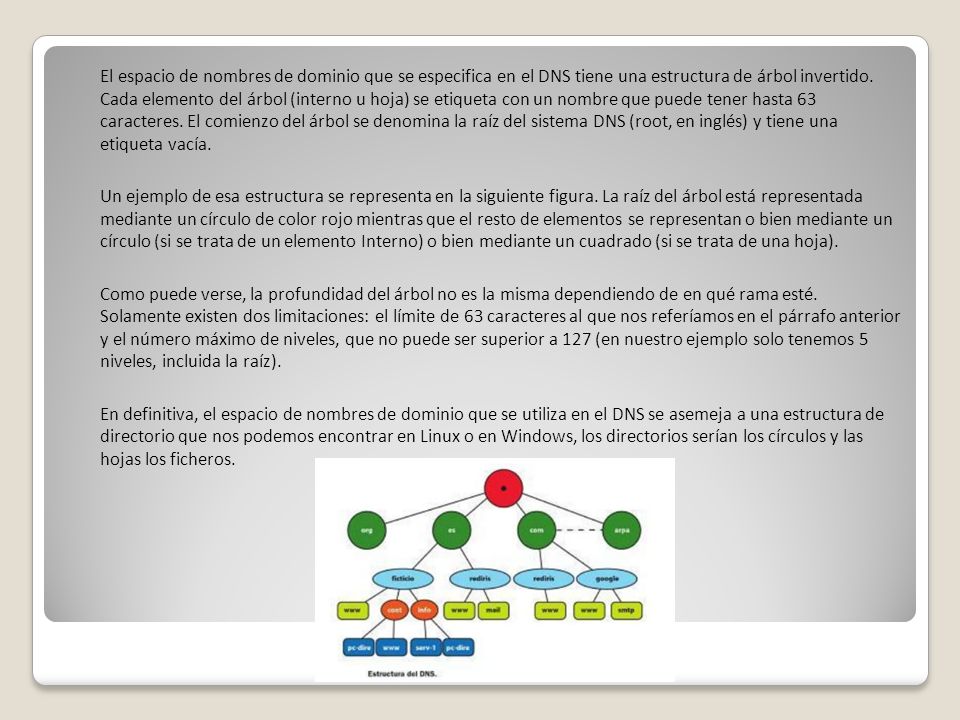 El espacio de nombres de dominio que se especifica en el DNS tiene una estructura de árbol invertido.