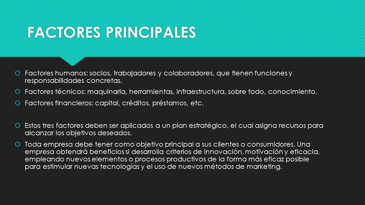 FACTORES PRINCIPALES Factores humanos: socios, trabajadores y colaboradores, que tienen funciones y responsabilidades concretas.