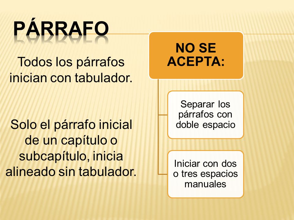 Párrafo NO SE ACEPTA: Todos los párrafos inician con tabulador.