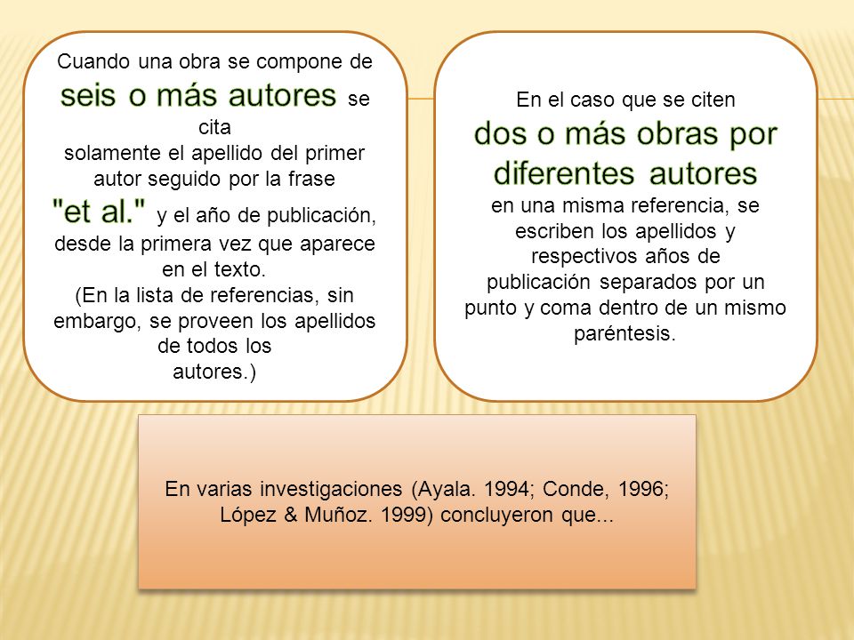 Cuando una obra se compone de seis o más autores se cita solamente el apellido del primer autor seguido por la frase