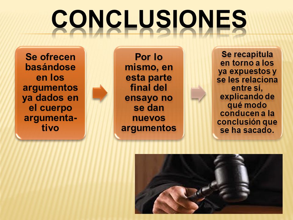 Conclusiones Se ofrecen basándose en los argumentos ya dados en el cuerpo argumenta-tivo.